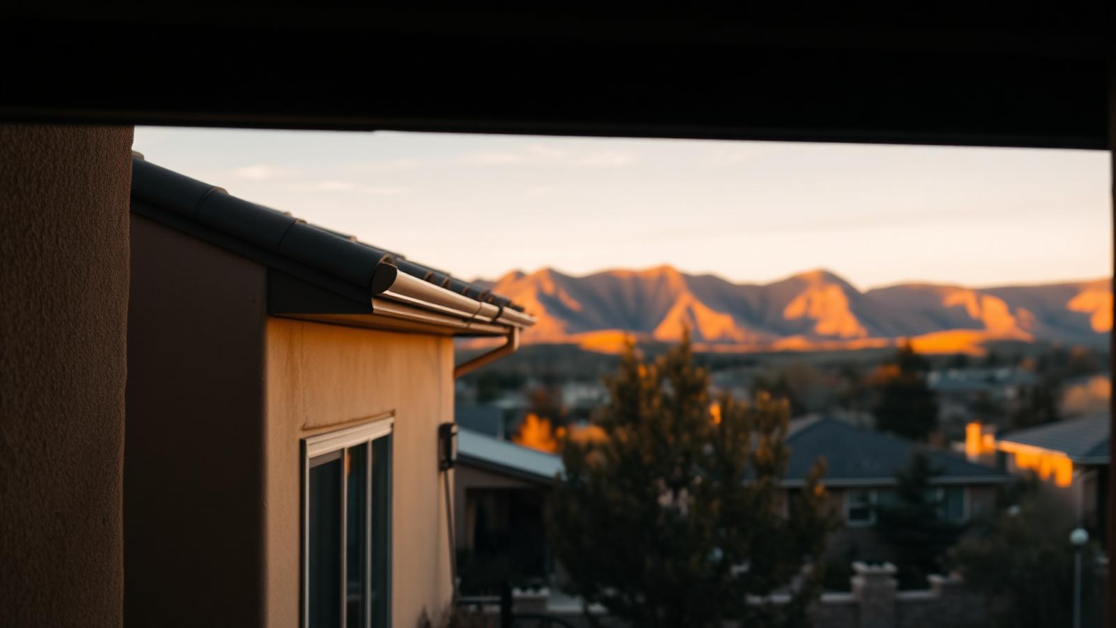 Colorado Front Range home eaves at golden hour with foothills in the background
